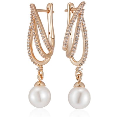 Boucles d'oreilles pendantes longues géométriques uniques en or rose et perle pour femmes, accessoires en zircon naturel brillant, bijoux de mariage pour la mariée beige