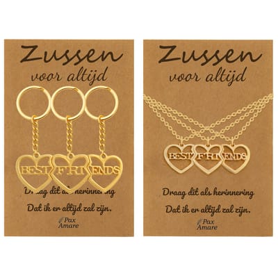 BFF Ketting + Sleutelhanger voor 3 'Zussen voor altijd' - 3 hartjes - Best Friends - Bundel op Cadeau Kaartje Bundel - Goudkleurig - Vriendschap Symbool - Pax Amare