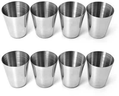 mini rvs bekers voor shots 25 ml, 8 stuks zilver, breukvaste drinkcups voor feest, bar en buiten, vaatwasserbestendig en roestvrij, smaakneutraal, levensmiddelecht, hoogte 4 cm, diameter 3 cm