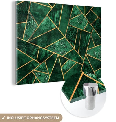 MuchoWow® Glasschilderij 120x90 cm - Schilderij acrylglas - Smaragd - Goud - Abstract - Patronen - Foto op glas - Schilderijen