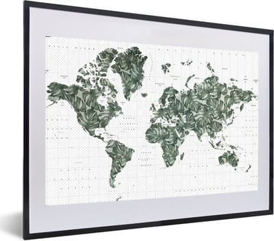 Poster in lijst - Fotolijst 60x40 cm - Posters - Wereldkaart - Bladeren - Tropisch - Posterlijst zwart - Decoratie - Wanddecoratie woonkamer - Muurdecoratie slaapkamer