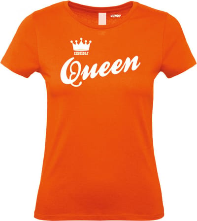 Dames T-shirt met tekst Queen | oranje koningsdag kleding | oranje t-shirt | Oranje | maat XS