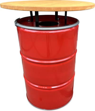 Barrelkings - Statafel & Prullenbak 2-in-1 - Rood Metaal Olievat - Ø80x105 cm - 200L - Houten Tafelblad - Gatdeksel