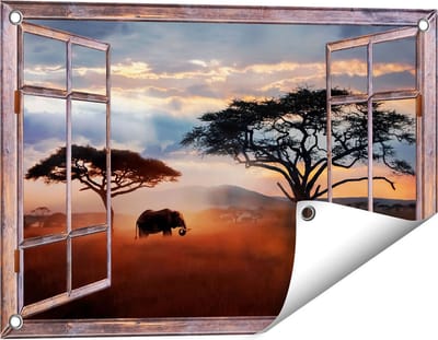 Gards Tuinposter Doorkijk Olifant in het Wild - Savanne - 60x40 cm - Tuindoek - Tuindecoratie - Wanddecoratie buiten - Tuinschilderij