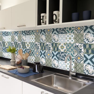 Zelfklevende tegelmuurstickers voor keuken en badkamer - 60 cementtegelstickers, Azulejos Tanza - 60 stickers, 20x20cm