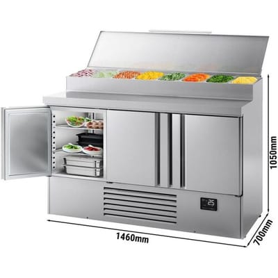 GGM Gastro Zubereitungskühltisch Mini - 1460x700mm - mit 3 Türen - Edelstahlaufsatz 8x GN 1/4 Zilver