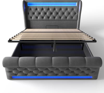 COVREO Gestoffeerd bed met LED en USB-C – 140x190 cm – Tweepersoons bedframe met opbergruimte – volwassenen – Grijs - zonder matras