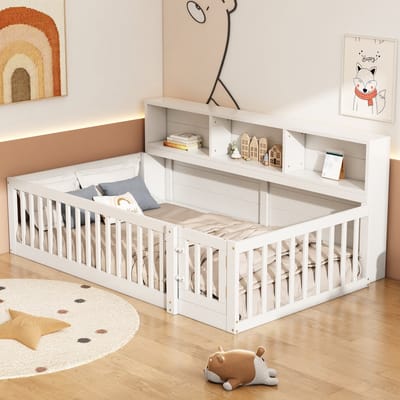 Gutent Kinderbed, Wit (Zonder matras), Dagbed 90*200 cm, met Opbergvak, Bedframe met Lattenbodem, Relingen, grenenhout