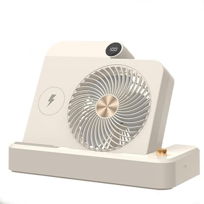 Bureauventilator - Persoonlijke ventilator met draadloos opladen - Instelbare windsnelheid - Kantelbare voet - Digitaal display, unisex campingventilator - gebroken wit