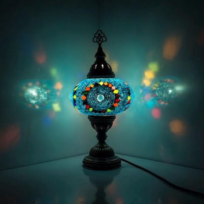 Mozaïek Lamp - Tafellamp Blauw - Ø 19 cm - Hoogte 34 cm - Handgemaakt en Authentiek