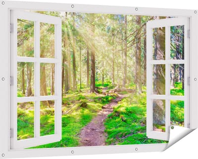 Gards Tuinposter Doorkijk Pad in Bos met Zon tussen de Bomen - 150x100 cm - Tuindoek - Tuindecoratie - Wanddecoratie buiten - Tuinschilderij