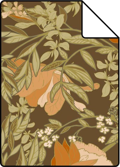 Proefstaal ESTAhome behang vintage bloemen in art nouveau stijl groen en oranje - 26.5 x 21 cm - 131730-S