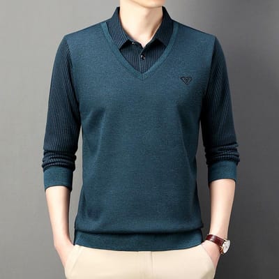 T-shirt met lange mouwen, nep tweedelig, van fluweel, winter nieuw, gestreept, bedrukte top, casual revers herenpoloshirt voor heren XXXXL black