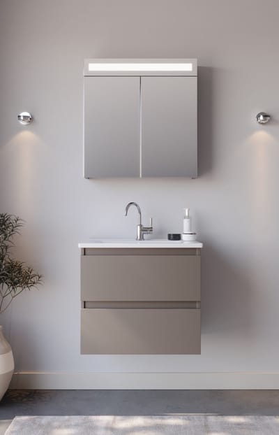 Spiegelkast / Badkamerkast Luciano - Taupe - 65x68cm - LED Verlichting - Voorgemonteerd - 2 Deurs - Tuimelschakelaar