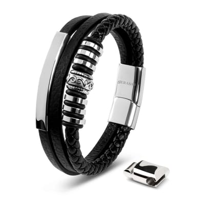 SERASAR Armband Herren [Shine] - Zilver Snoeren - RVS en Leer - 20cm + 2cm verlengstuk - Armbandje Mannen