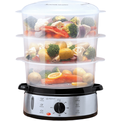 alpina Stoomkoker 9L - Stomer 800W - Voedselstomer met Timer en Warmhoudfunctie - Groente Stomer met 3 Lagen - Steamer voor Groente, Rijst, Kip, Fruit, Vis en Eieren - RVS