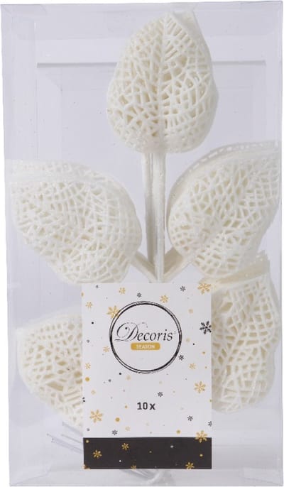 Winterdecoratie, deco bladeren, kunsttak wit glitter L36cm 10st