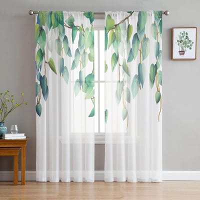 Plant Hangende Groene Bladeren Tule Gordijnen Woonkamer Keuken Chiffon Gordijn Slaapkamer Balkon Transparant Gordijn Mode Woondecoratie 135W x 114H(cm) white