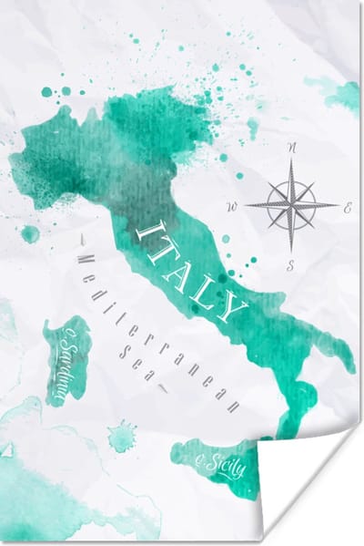 Poster 20x30 cm - Italië - Wereldkaart - Turquoise - Posters - Kamer decoratie - Wanddecoratie woonkamer - Muurdecoratie slaapkamer