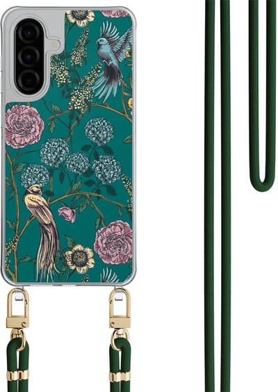 Hoesje met koord geschikt voor Samsung Galaxy A36 - Vogels Japanse bloemen - Inclusief Groen koord - Crossbody beschermhoes - Transparant, Groen - Mooie Telefoonhoesjes