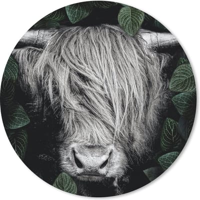 Muismat rond 20x20 cm - Mousepad Schotse hooglander - Bladeren - Zwart - Wit - Ronde muismatten