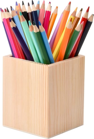 Houten Pennenhouder voor Bureau, Organisator voor Pennen en Make-upkwasten, Vierkant 10 x 8 x 8 cm, Ideaal voor School en Kantoor