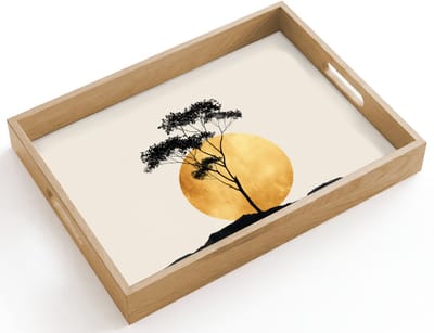 Dienblad hout 40x30 cm - Schootdienblad - Zwarte boom - Gouden cirkel - Heuvel - Borrelplank rechthoek - Plateau dienbladen