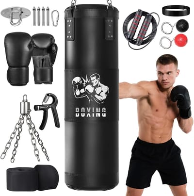 Thijox - Bokszak 120 cm Heavy Hangend Ongevuld voor MMA, Muay Thai, Karate, Taekwondo Training met Bokshandschoenen, Polsbeschermers, Trainingsballen