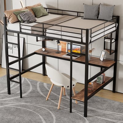 STILVORA Hoogslaper Eenpersoonsbed 90x200 cm – Met bureau en ingebouwde boekenkast + 4 planken – Voor studie en kleine kamers – Metaal – Zwart – Zonder matras