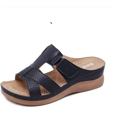 Zomer Dames Sleehak Sandalen Premium Orthopedische Open Teen Sandalen Vintage Antislip PU Leer Casual Dames Platform Schoenen 43 black