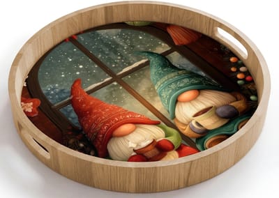 Dienblad rond 40x40 cm - Schootdienblad hout - Gnooms - Kerst - Raam - Kleurrijk - Borrelplank rechthoek - Plateau houten dienbladen