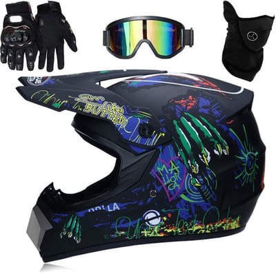 Allecto - Offroad-motorhelm - Motorcrosshelm - Lichte en sterke bescherming - Unisex - Inclusief bril en handschoenen - Ideaal voor kinderen en vol...