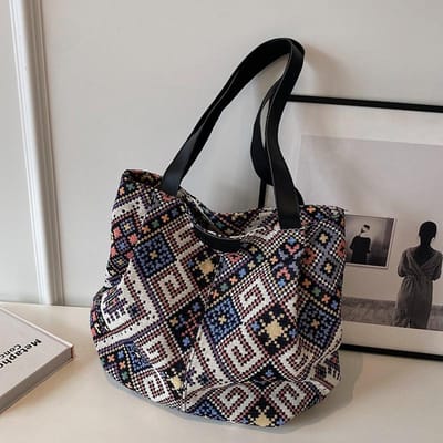 Herfst en Winter Etnische Stijl Tote Bag Dames Canvas Handtas Ins College Studenten Les Schoudertas Dames black