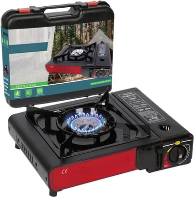 Ploutos® Camping Gasstel - Gasbrander Voor Op De Camping Met Draagtas - Campingartikelen & Kookgerei - Zwart - 33cm x 28cm x 11cm