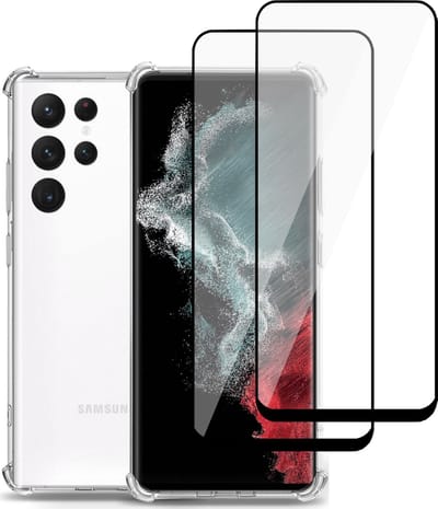 Hoesje geschikt voor Samsung S22 Ultra + Screenprotector – 2x Glass Pet Folie - Extreme Shock Case Transparant