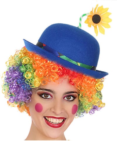 Smiffys Clown verkleed set - gekleurde pruik - bolhoedje in blauw - Carnaval clowns verkleedkleding en accessoires - volwassenen