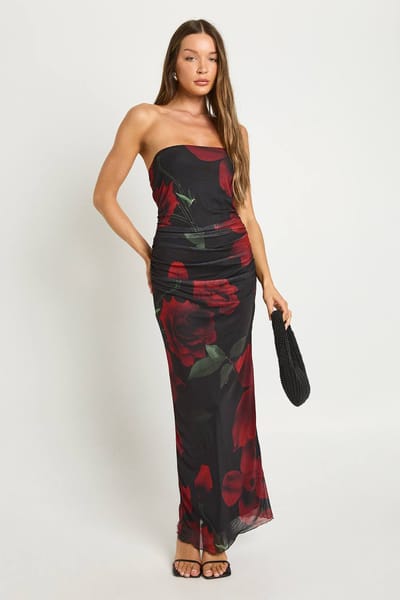 boohoo Dames Mesh Bloemenprint Bandeau Maxi Jurk | Natural Black | Maat: 46