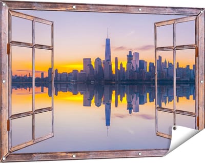 Gards Tuinposter Doorkijk New York Skyline bij Zonsopgang - 120x80 cm - Tuindoek - Tuindecoratie - Wanddecoratie buiten - Tuinschilderij