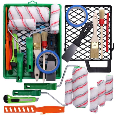 Schilderset 2x verfrollenset + 2x schilderkwast + schilderband + verfbak + verfroller + verfroerstaaf + afbreekmes + timmermanspotlood + schilderspatel