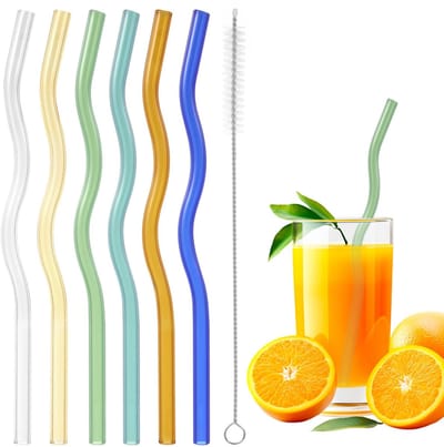 Dailygoods- Glazen Rietjes 6 Stuks - Golvend/Herbruikbaar - Kleurrijke Rietjes - Met Reinigingsborstel - Geschikt voor Dranken - Afmetingen 20 × 0,8 cm