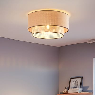 Duolla Boho-plafondlamp, bruin/hout/zwart, Ø 45 cm, textiel/rotan