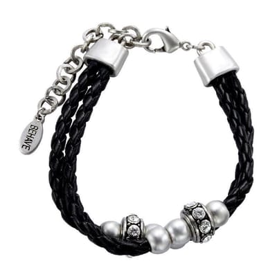 Behave - Armband - zwart imitatieleer met parels - urban boho stijl