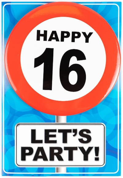 Verjaardagkaart met button | Verkeersbord | Happy 16