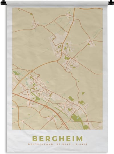 Wandkleed - Wanddoek - Plattegrond - Kaart - Vintage - Bergheim - Stadskaart - 120x180 cm - Wandtapijt