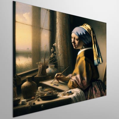 Modern vermeer schilderij | Hedendaags meesterwerk: Vermeer's visie in een modern jasje gestoken | Kunst - 80x80 centimeter op Dibond | Foto op Dibond