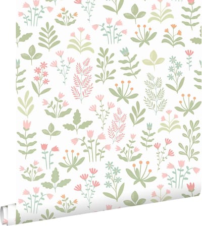 ESTAhome behang veldbloemen groen en roze - 50 x 900 cm - 131094