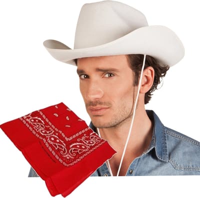 Boland Cowboy verkleed set - Cowboyhoed wit - met rode western zakdoek - Cowboys
