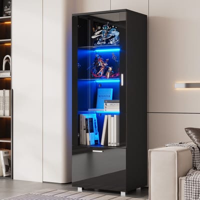 Sweiko Vitrinekast - Hoogglans - Acryl deuren - LED-verlichting - 3 planken - Zwart