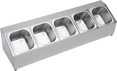 RVS Kruidenrek – Met 5 Containers – Schuin Countertop Ontwerp – Voor Kruiden, Sauzen en Ingrediënten – 86x22.5x22 cm – Zilver
