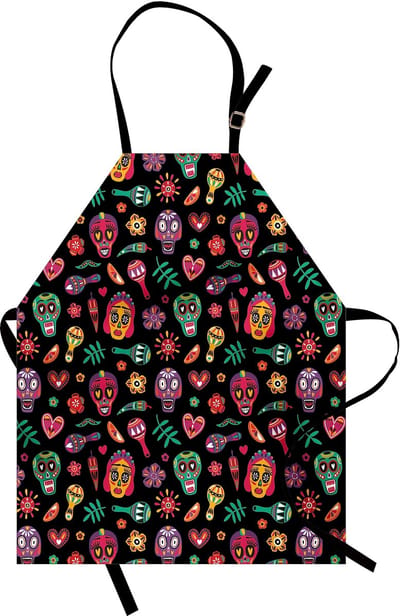 ABAKUHAUS Dag van de Doden Koks schort, herhalend patroon met Mexicaans kleurrijk ontwerp, in hoogte verstelbaar, kleuren blijven helder, vervagen niet, zwart magenta